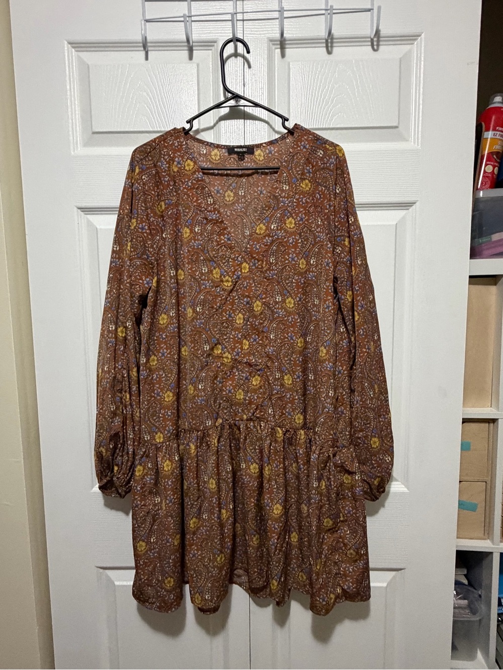Wishlist Brown Paisley Floral Babydoll Mini Dress Pockets L
